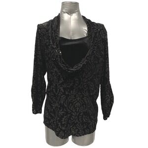 Plus Size 1X Woman Black Velvet Burnout Sequin Cowl‎ Neck Top Blouse Pullover